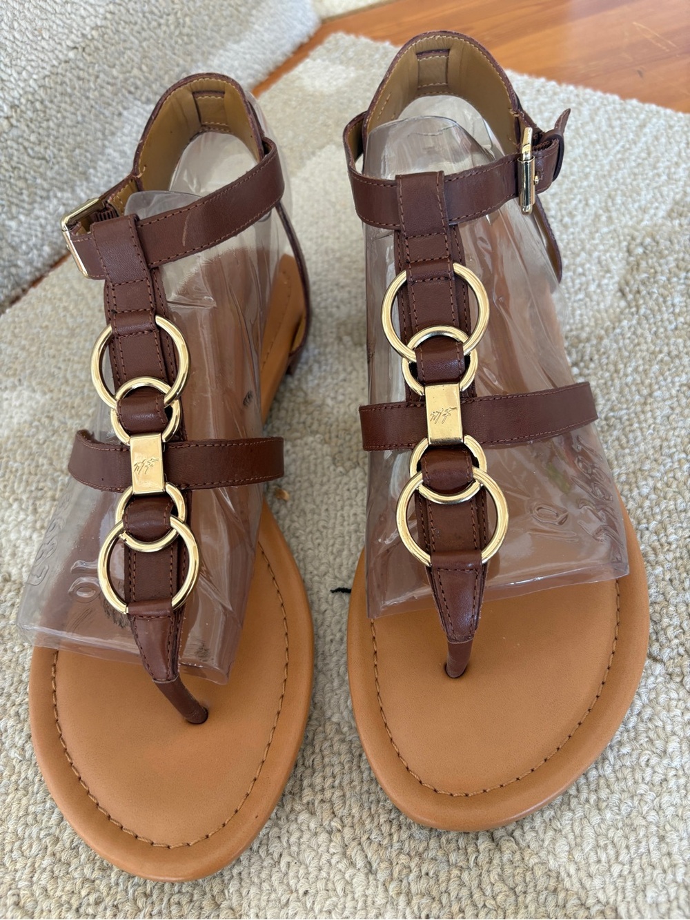 Marc Fisher Brown Leather T-Strap Sandals with Gold Rings